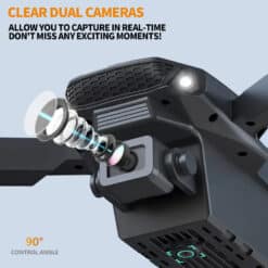 E88 Dual Camera Drone featuring a close-up view of dual cameras with an optical lens assembly. The drone's sleek, black design highlights its advanced technology suitable for capturing real-time images, ideal for outdoor activities. Perfect gift option for Christmas, Halloween, and Thanksgiving.