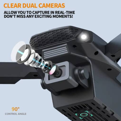 Kahe kaameraga kokkupandav droon algajatele, must/hall | E-pood Tootemaailm E88 Dual Camera Drone featuring a close-up view of dual cameras with an optical lens assembly. The drone's sleek, black design highlights its advanced technology suitable for capturing real-time images, ideal for outdoor activities. Perfect gift option for Christmas, Halloween, and Thanksgiving.