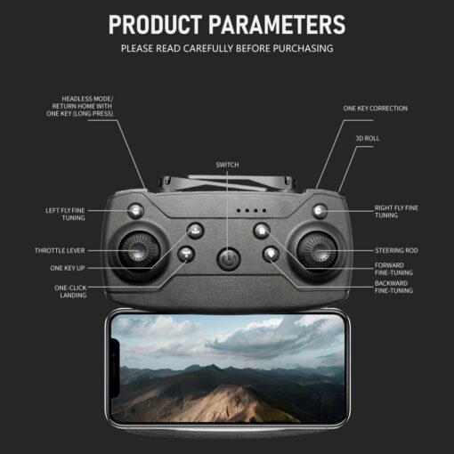 Kahe kaameraga kokkupandav droon algajatele, must/hall | E-pood Tootemaailm E88 Dual Camera Drone kaugjuhtimispult koos erinevate nuppude ja juhtelementidega ning ekraanil kuvatud mägine maastik. Puldi funktsioonid nagu kõrgusehoidmine, peata režiim ja ühe klõpsuga tagasitulek on esile toodud.
