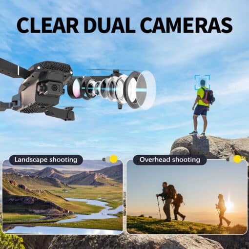 Kahe kaameraga kokkupandav droon algajatele, must/hall | E-pood Tootemaailm E88 Dual Camera Drone koos WiFi FPV, kahekordse kokkupandava disainiga ja kõrgust hoidevate funktsioonidega, lendamas sinise taeva taustal. Droon suudab jäädvustada nii maastikuvõtteid kui ka õhuvaateid, pakkudes ideaalset lahendust algajatele.