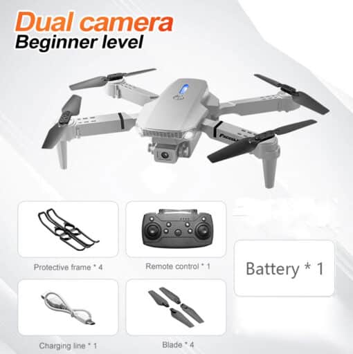 Kahe kaameraga kokkupandav droon algajatele, must/hall | E-pood Tootemaailm E88 Dual Camera Drone koos WiFi FPV funktsionaalsusega, kahekordse kokkupandava disaini ja kõrguse hoidmise režiimiga, ideaalne algajatele ja suurepärane meeste kingitus õuemängudeks. Pildil on näidatud droon koos lisade nagu kaugjuhtimispult, kaitseraamid, laadimisjuhe, propellerid ja aku, asetatud valgel taustal.