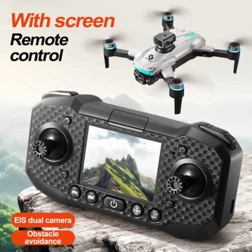 S160 droon: avasta uusi kõrgusi seiklusliku lennuga | E-pood Tootemaailm Pilt näitab S160 Screen Remote Control Brushless Drone Quadcopter Aerial Photography Aircraft koos kaugjuhtimispuldiga. Droon hõljub õhus, sellel on hõbedane kere ja sinised valgustid, taustaks udune mägimaastik. Kaugjuhtimispuldil on ekraan, millel on mägede foto, koos mitme juhtnupuga esipaneelil, luues futuristliku ja funktsionaalse ilme.