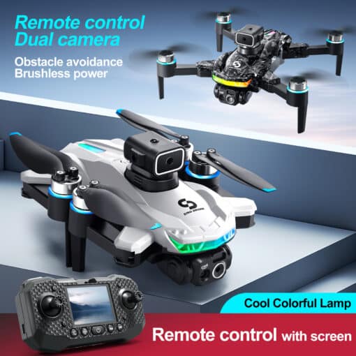 S160 droon: avasta uusi kõrgusi seiklusliku lennuga | E-pood Tootemaailm S160 Screen Remote Control Brushless Drone Quadcopter with sleek design, dual cameras, and obstacle avoidance technology, shown with its sophisticated remote control on a modern gradient background.