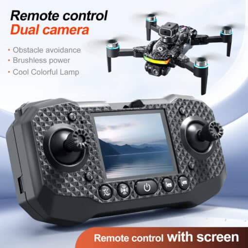 S160 droon: avasta uusi kõrgusi seiklusliku lennuga | E-pood Tootemaailm S160 Screen Remote Control Brushless Drone Quadcopter with a textured black design, dual cameras, and an advanced remote control with a built-in screen, set against a white gradient background.