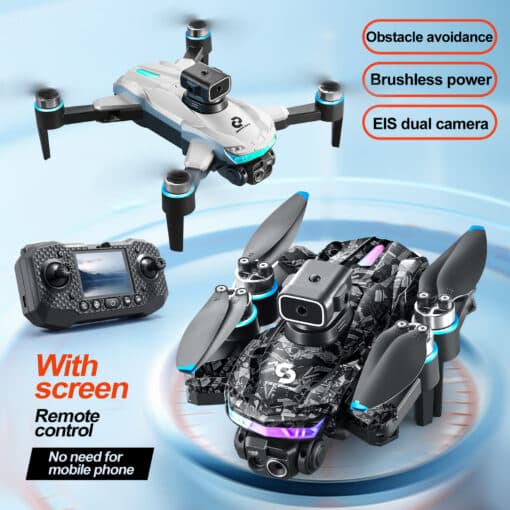 S160 droon: avasta uusi kõrgusi seiklusliku lennuga | E-pood Tootemaailm S160 Screen Remote Control Brushless Drone Quadcopter, featuring a sleek design with a dual EIS camera, obstacle avoidance technology, and blue and silver accents, shown with a matching screen-equipped remote controller.