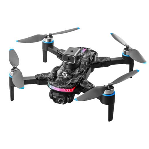 S160 droon: avasta uusi kõrgusi seiklusliku lennuga | E-pood Tootemaailm Must ja hall S160 Screen Remote Control Brushless Drone Quadcopter Aerial Photography Aircraft, millel on neli tiivikut, takistuste vältimise tehnoloogia ja erinevad värvituled eredal taustal.