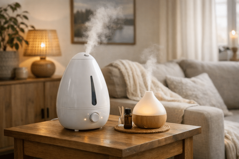 Kuidas valida õhuniisutajat ja aroomidifuuserit koju | E-pood Tootemaailm Valge õhuniisutaja ja aroomidifuuser puidust laual elutoas