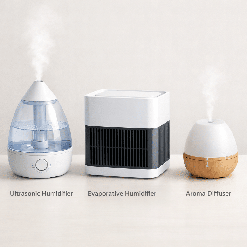 Kolm õhuniisutajat ja aroomidifuuserit laual