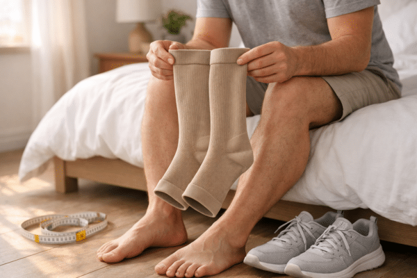 Kompressioonsokid: valik ja kasutusjuhend | E-pood Tootemaailm Mees istub voodil ja hoiab kompressioonsokke