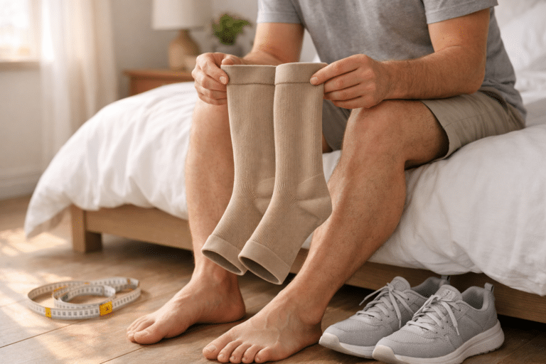 Kompressioonsokid: valik ja kasutusjuhend | E-pood Tootemaailm Mees istub voodil ja hoiab kompressioonsokke
