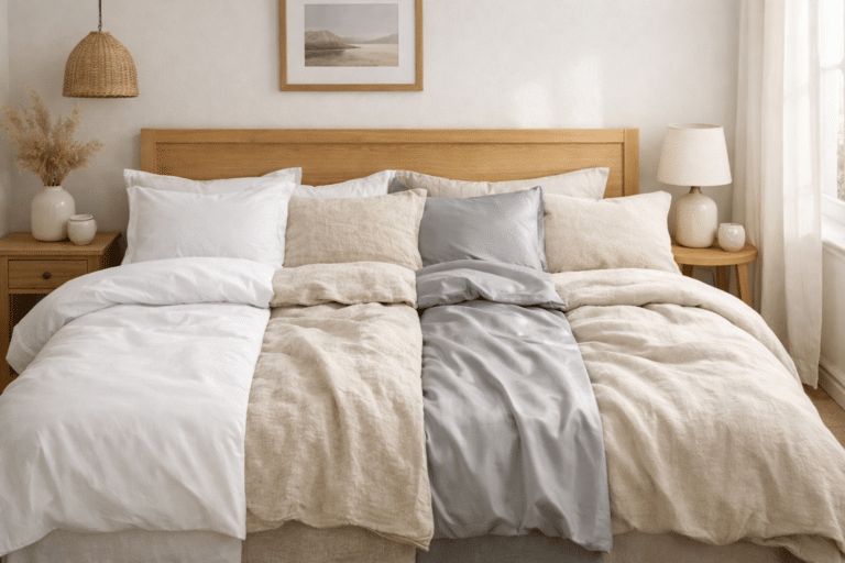 Voodipesu materjalid: kuidas valida õige tunne | E-pood Tootemaailm Kolm erinevat voodipesukomplekti voodil