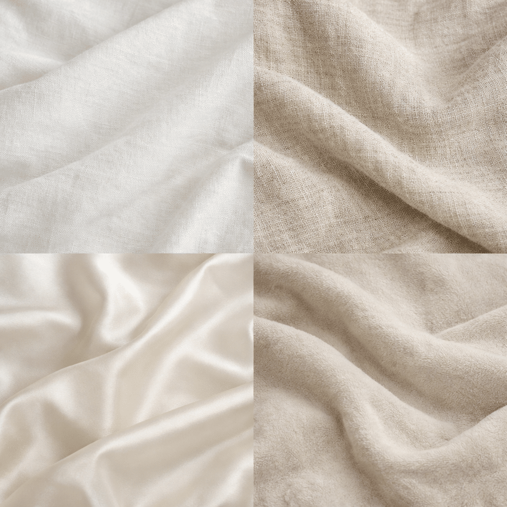 Neli erinevat voodipesu materjali: linane, puuvillane, satiin ja fliis.