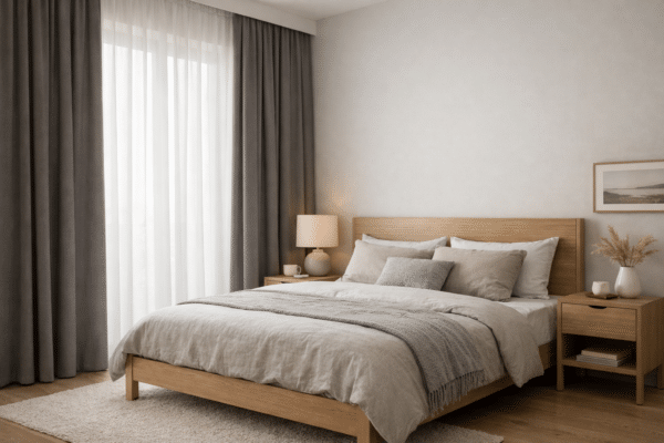 Pimendavad kardinad, mis päriselt pimendavad | E-pood Tootemaailm Magamistuba pimendavate kardinate ja neutraalse sisustusega.