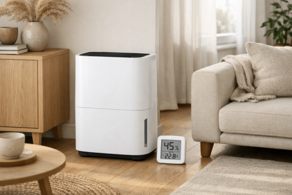 Kuidas valida õhukuivati koju ja vältida niiskusmuret? | E-pood Tootemaailm Õhukuivati elutoas koos niiskusmõõtjaga