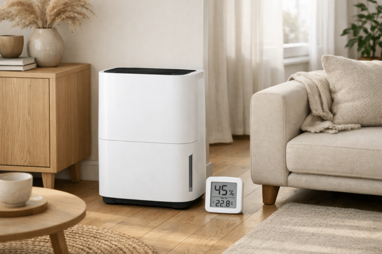 Kuidas valida õhukuivati koju ja vältida niiskusmuret? | E-pood Tootemaailm Õhukuivati elutoas koos niiskusmõõtjaga
