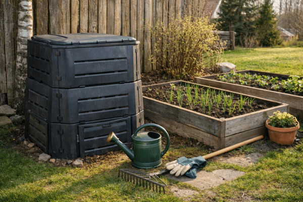 Komposter aeda: kuidas valida ja kasutada | E-pood Tootemaailm Plastikust aedkomposter koos aia tööriistade ja peenraga