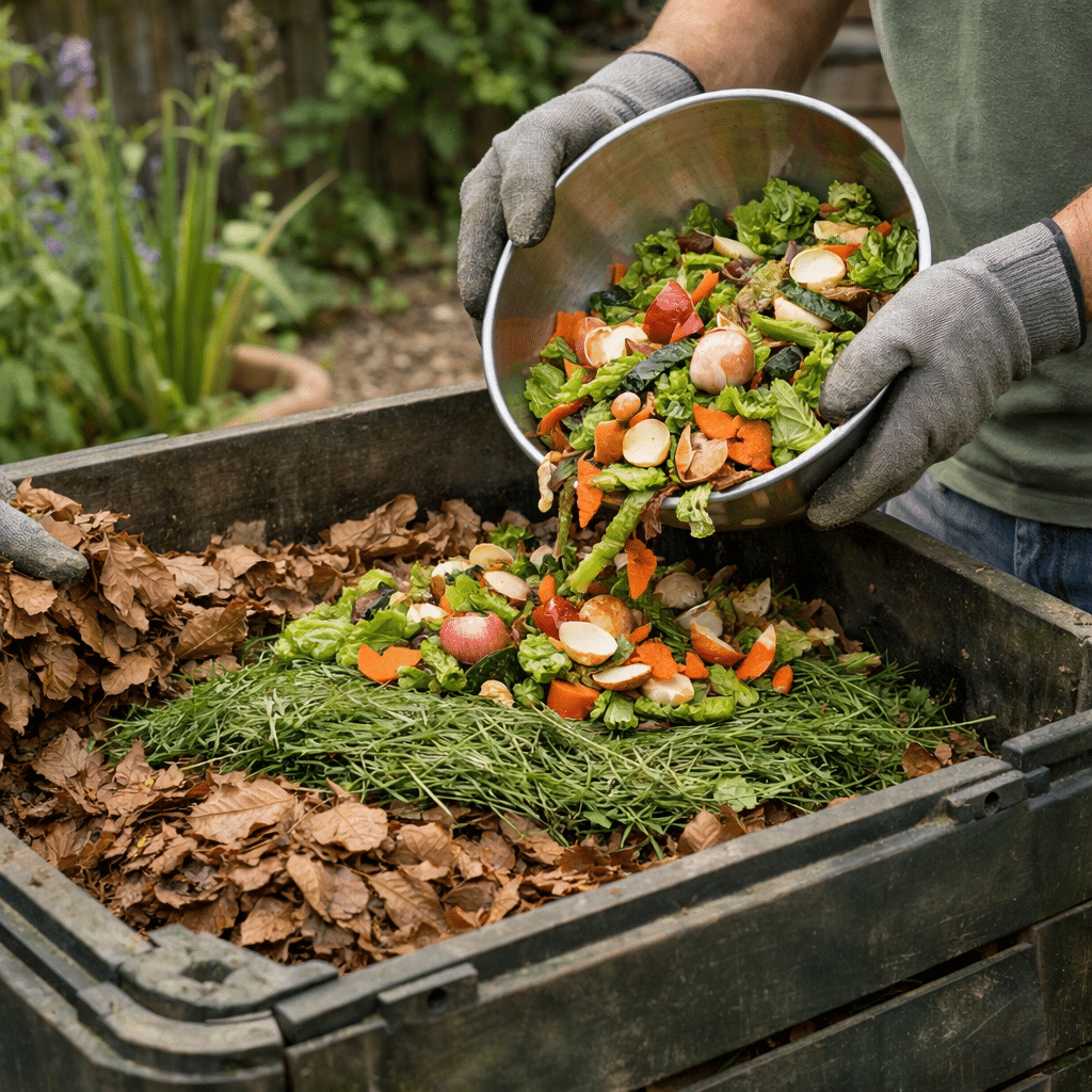 Käsitsi lisatakse kompostikasti köögijäätmed ja aiapraht