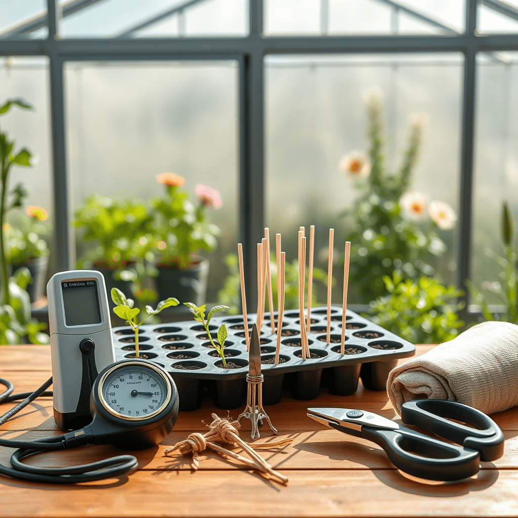 kasvuhoone tarvikud nagu termomeeter ja kääridega istutusalus