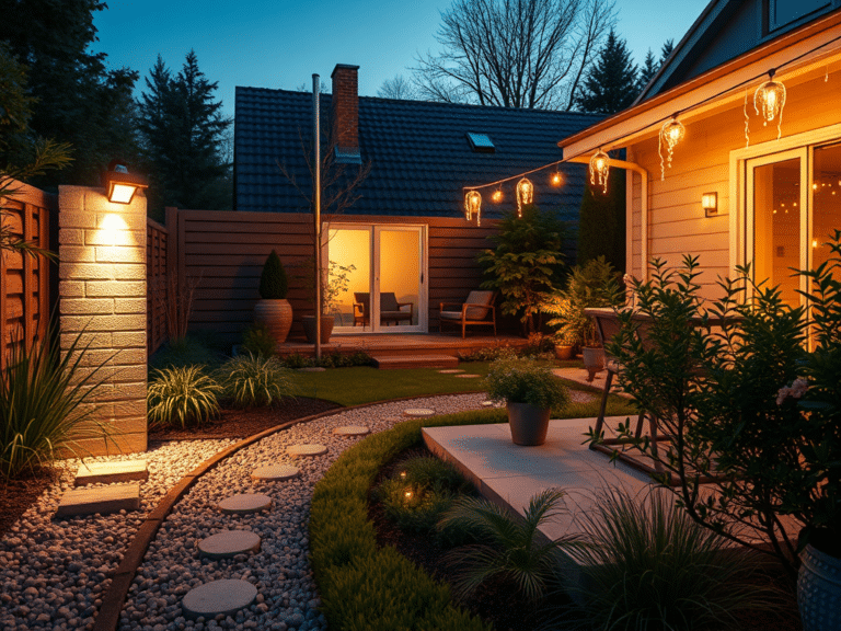 Aiavalgustus õue: päikesepaneel, elekter või dekoratiivne | E-pood Tootemaailm Õueaed õhtuti valgustatud dekoratiivsete aiatuled