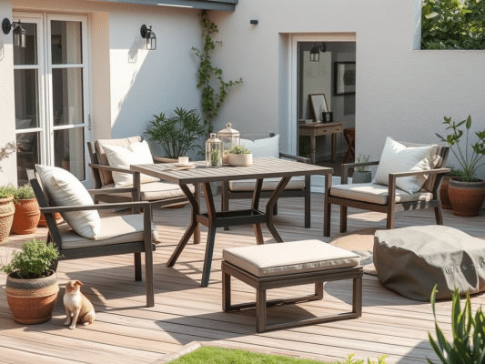 stiilne aiamööbel terrassil koos lillepotidega