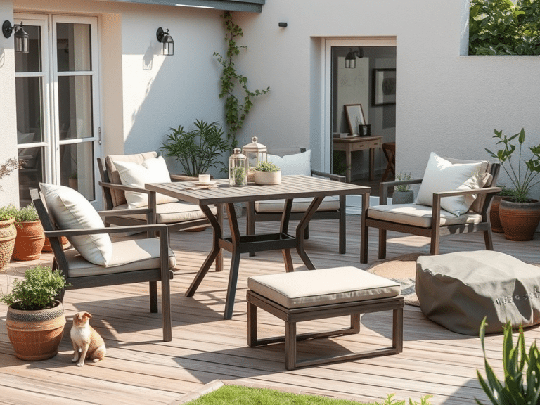 Aiamööbel terrassile: kuidas valida terassile mööblit | E-pood Tootemaailm stiilne aiamööbel terrassil koos lillepotidega