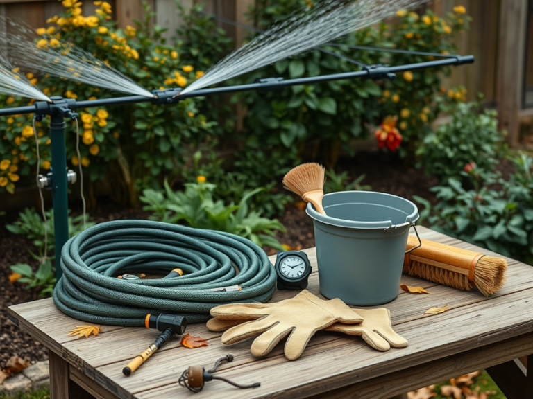 Aia kastmissüsteem talveks: hooldusjuhend | E-pood Tootemaailm Aiatööriistad ja voolik laual kastmissüsteemi lähedal