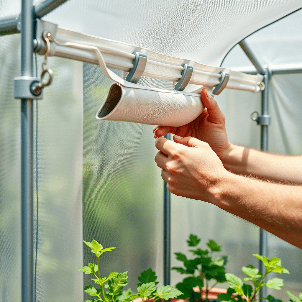 Inimene paigaldab kasvuhoones varjutuskangast