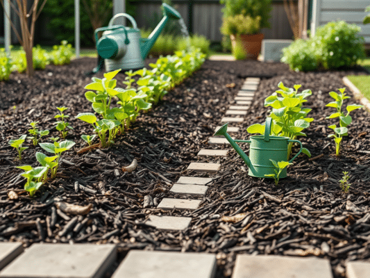 Multš aias: kuidas valida ja kasutada | E-pood Tootemaailm Multšiga kaetud peenrad aias koos kastmiskannuga