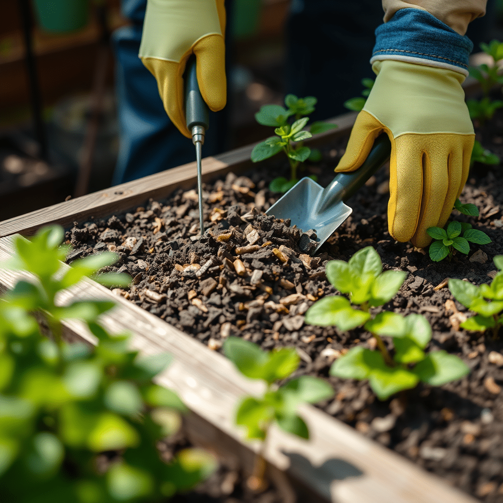 Kollaste kinnastega käed multšivad köögiviljapeenart aiatööriistadega