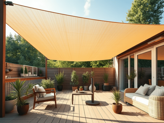 Beež terrassi varjutusvõrk puidust terrassi kohal suvises aias