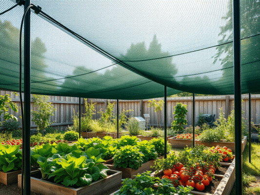 Varjutusvõrk köögiviljapeenra kohal suvises koduaias