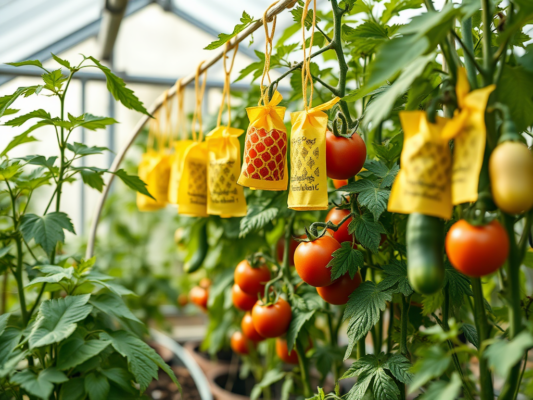 Kleepuvad putukalõksud aias | E-pood Tootemaailm Kollased kleepuvad putukalõksud kasvuhoones tomatitaimede vahel