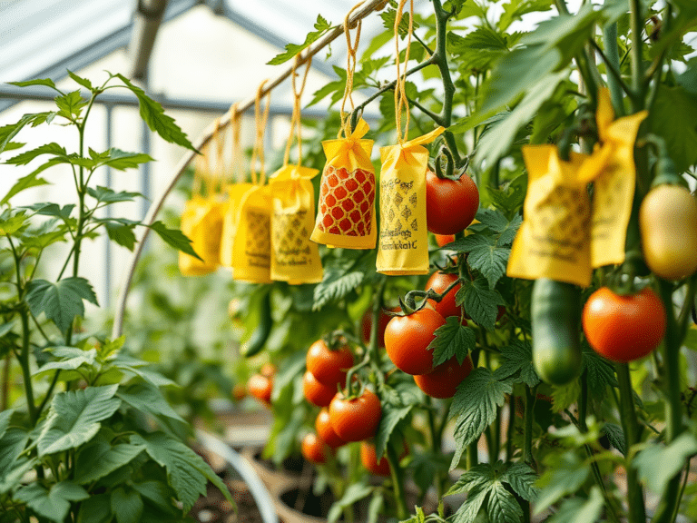 Kleepuvad putukalõksud aias | E-pood Tootemaailm Kollased kleepuvad putukalõksud kasvuhoones tomatitaimede vahel
