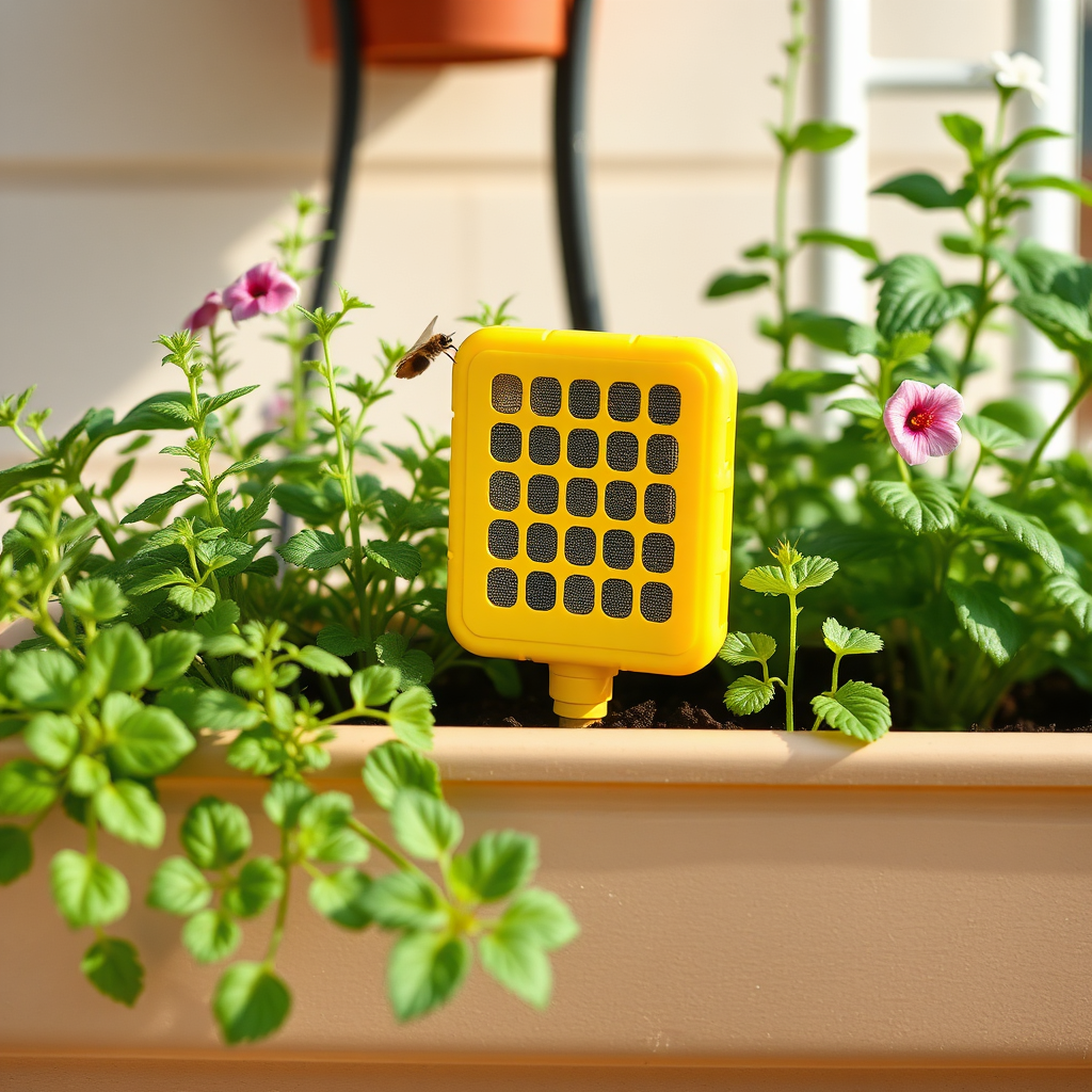 Kleepuv putukalõks rõdukasti kohal taimede vahel