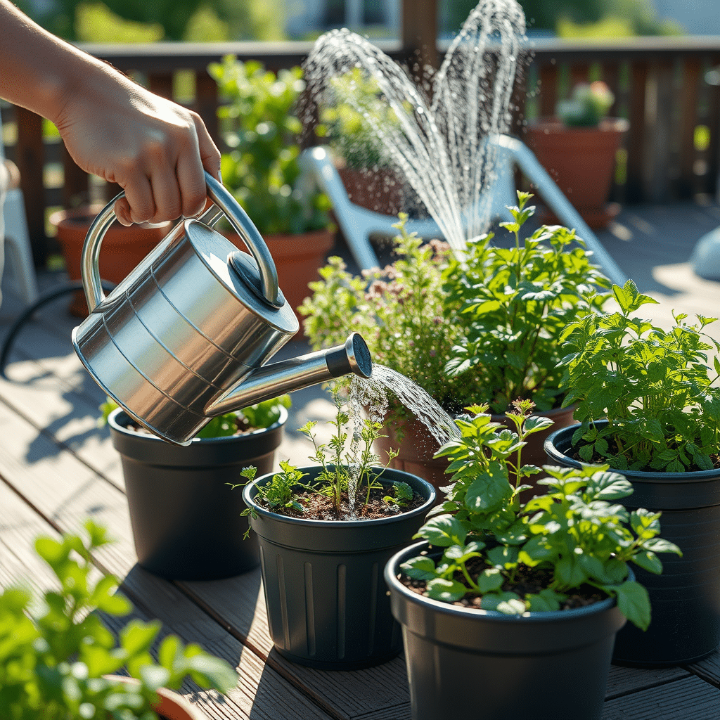 Kastmiskann käes terrassitaimede kastmisel