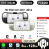 2Din Android raadio CarPlay, Bluetooth, USB Fiat 500 | E-pood Tootemaailm Pilt näitab kahte 2Din Android raadiot Fiat 500 mudelile, valikus must ja valge esipaneeliga. Raadiod on varustatud CarPlay, Bluetoothi ja USB liidesega, ekraanil kuvatud erinevad ikoonid ja funktsioonid. Taustal on infot raadio tehniliste omaduste kohta.