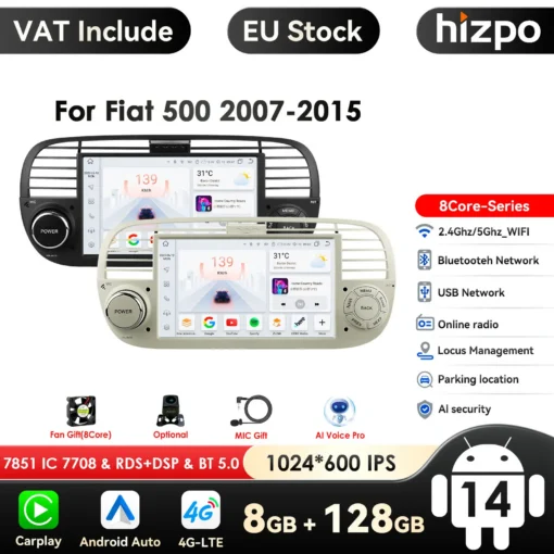2Din Android raadio CarPlay, Bluetooth, USB Fiat 500 | E-pood Tootemaailm Pilt näitab kahte 2Din Android raadiot Fiat 500 mudelile, valikus must ja valge esipaneeliga. Raadiod on varustatud CarPlay, Bluetoothi ja USB liidesega, ekraanil kuvatud erinevad ikoonid ja funktsioonid. Taustal on infot raadio tehniliste omaduste kohta.