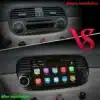 2Din Android raadio CarPlay, Bluetooth, USB Fiat 500 | E-pood Tootemaailm Pilt näitab Fiat 500 armatuurlauda enne ja pärast 2Din Android raadio CarPlay, Bluetooth, USB paigaldamist. Ülemisel pildil on vana raadiosüsteem ning alumisel pildil uus, modernne puudutusega ekraan ning erksad ikoonid.