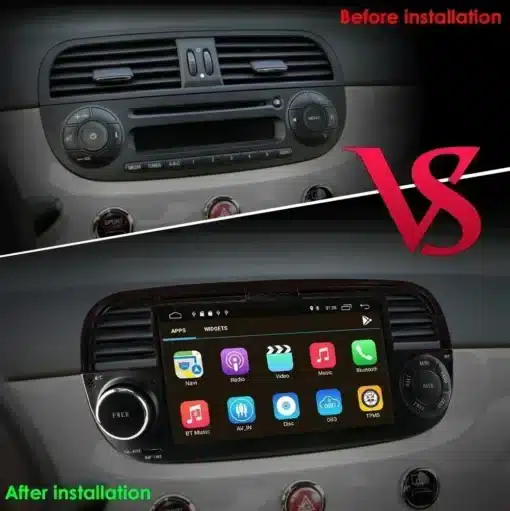 2Din Android raadio CarPlay, Bluetooth, USB Fiat 500 | E-pood Tootemaailm Pilt näitab Fiat 500 armatuurlauda enne ja pärast 2Din Android raadio CarPlay, Bluetooth, USB paigaldamist. Ülemisel pildil on vana raadiosüsteem ning alumisel pildil uus, modernne puudutusega ekraan ning erksad ikoonid.