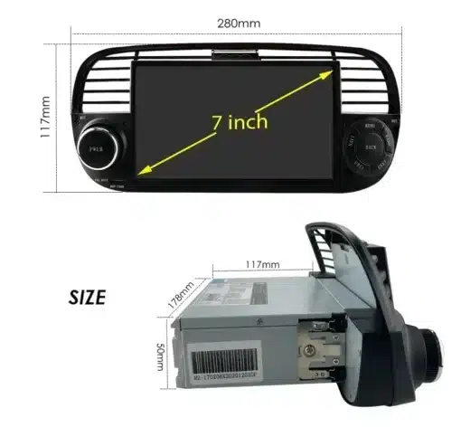 2Din Android raadio CarPlay, Bluetooth, USB Fiat 500 | E-pood Tootemaailm 2Din Android raadio CarPlay, Bluetooth, USB Fiat 500 mõõtmetega: 7-tolline ekraan, must plastist raam ümber, võimsad ümarlülitid külgedel ja metallkorpus tagantvaates.