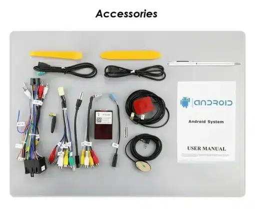 2Din Android raadio CarPlay, Bluetooth, USB Fiat 500 | E-pood Tootemaailm 2Din Android raadio CarPlay, Bluetooth, USB Fiat 500 lisatarvikud, sealhulgas juhtmed, antennid ja kasutusjuhend hallil taustal.