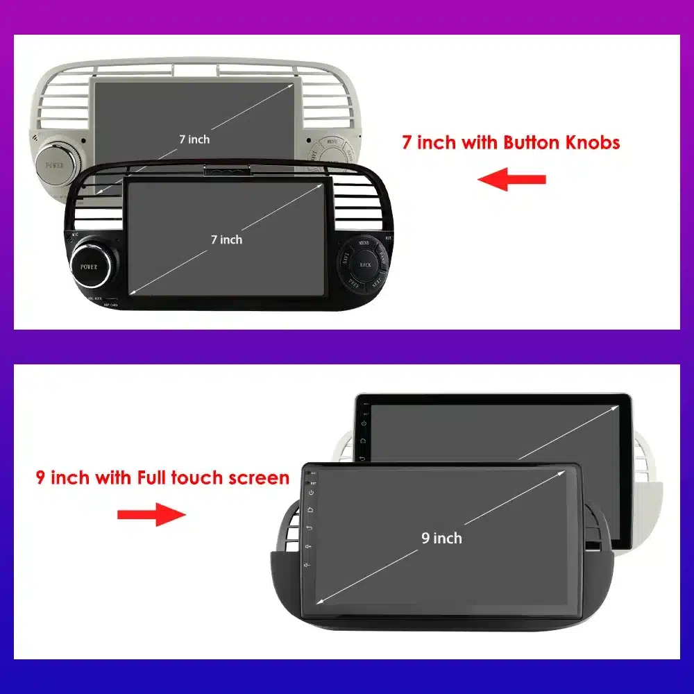 2Din Android raadio CarPlay, Bluetooth, USB Fiat 500 | kujundav pilt e-kaubamaja pildikogust