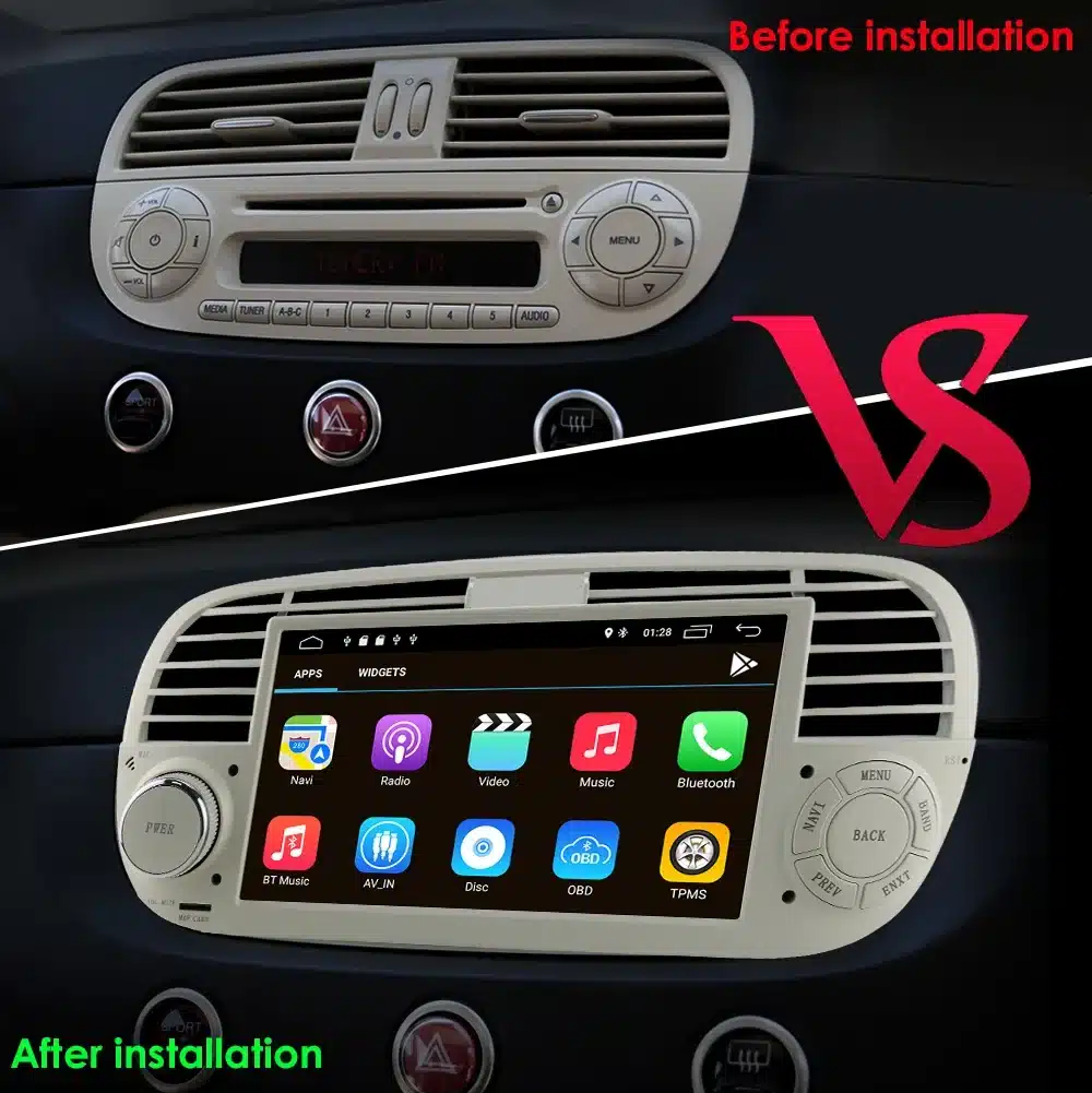 2Din Android raadio CarPlay, Bluetooth, USB Fiat 500 | kujundav pilt e-kaubamaja pildikogust