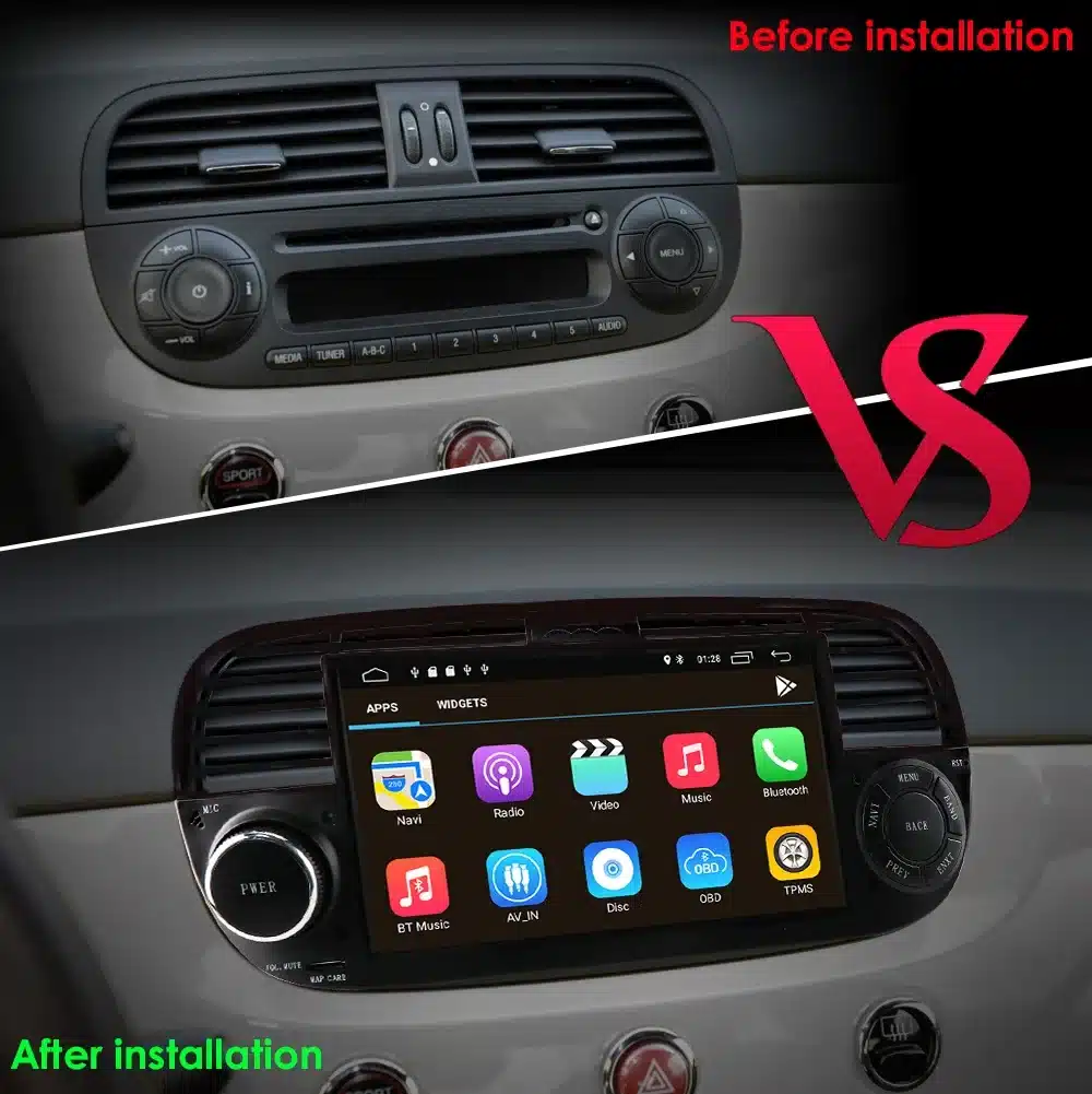 2Din Android raadio CarPlay, Bluetooth, USB Fiat 500 | kujundav pilt e-kaubamaja pildikogust