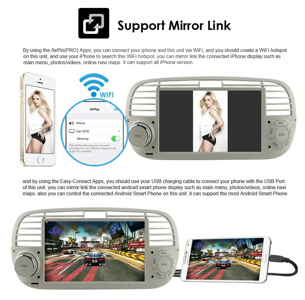 2Din Android raadio CarPlay, Bluetooth, USB Fiat 500 | kujundav pilt e-kaubamaja pildikogust