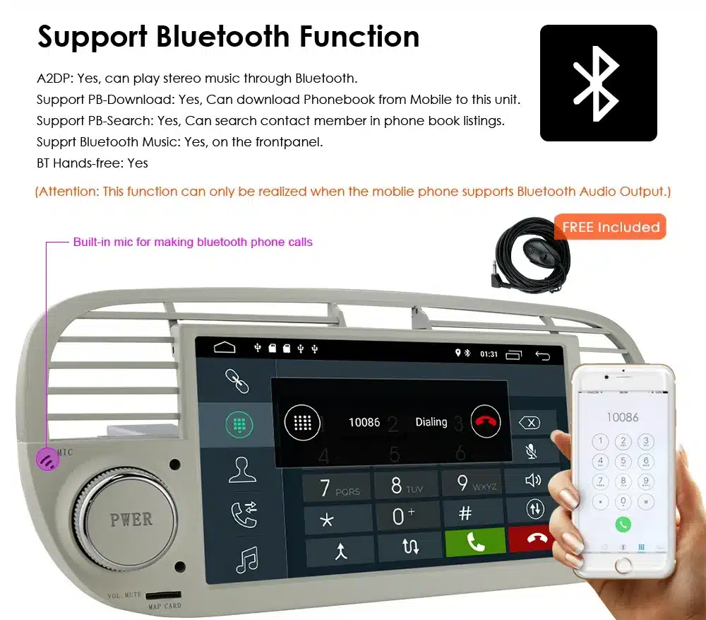 2Din Android raadio CarPlay, Bluetooth, USB Fiat 500 | kujundav pilt e-kaubamaja pildikogust