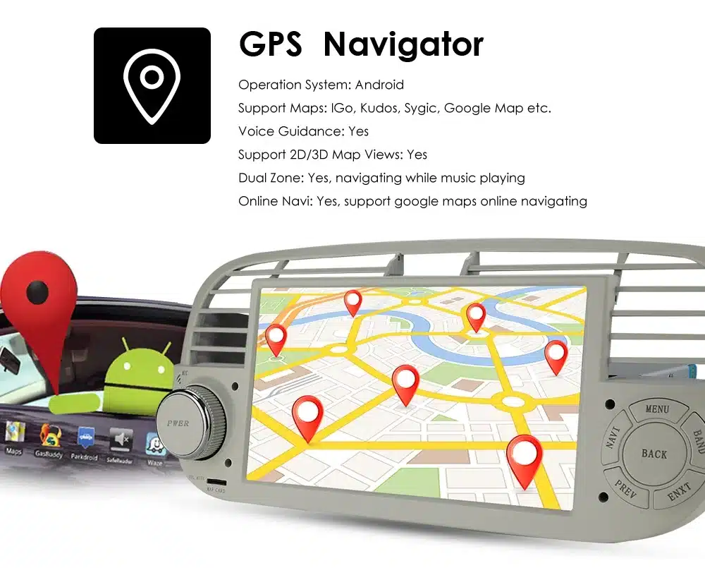 2Din Android raadio CarPlay, Bluetooth, USB Fiat 500 | kujundav pilt e-kaubamaja pildikogust