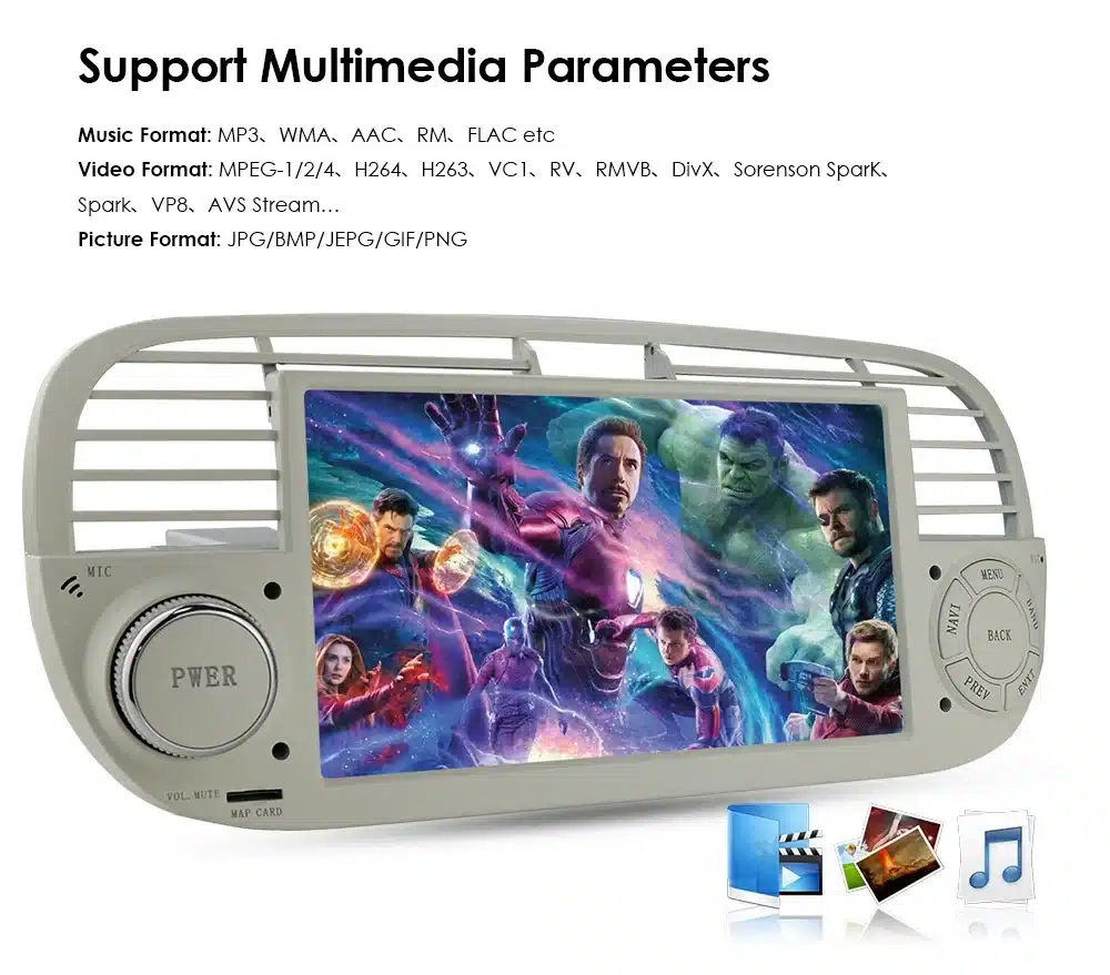 2Din Android raadio CarPlay, Bluetooth, USB Fiat 500 | kujundav pilt e-kaubamaja pildikogust