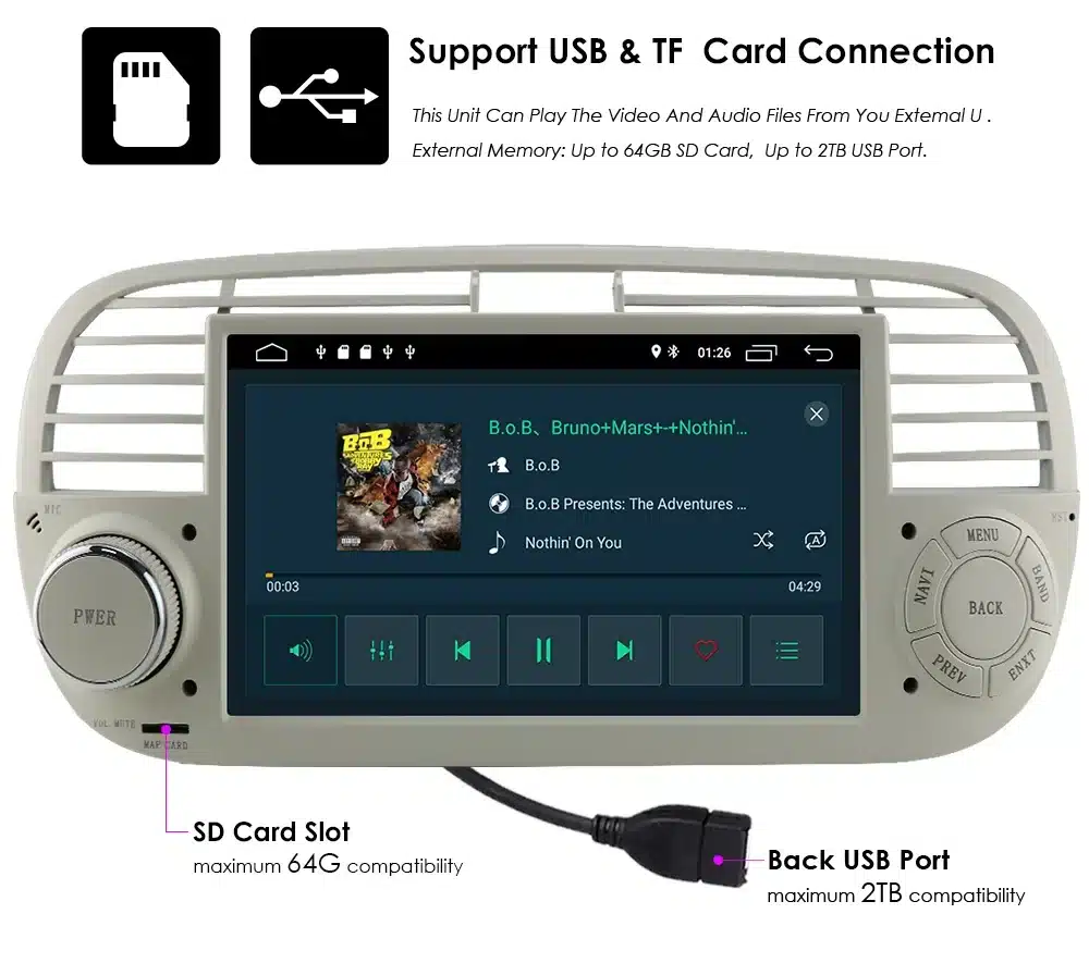 2Din Android raadio CarPlay, Bluetooth, USB Fiat 500 | kujundav pilt e-kaubamaja pildikogust