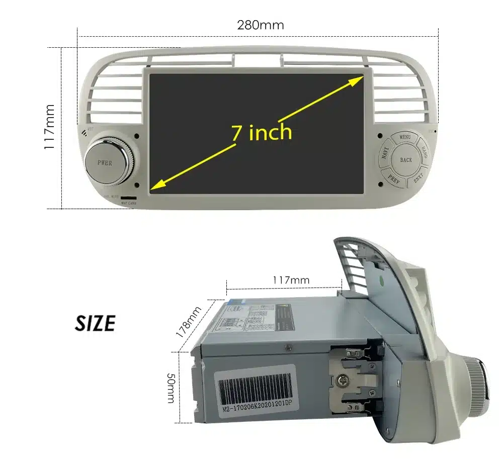 2Din Android raadio CarPlay, Bluetooth, USB Fiat 500 | kujundav pilt e-kaubamaja pildikogust